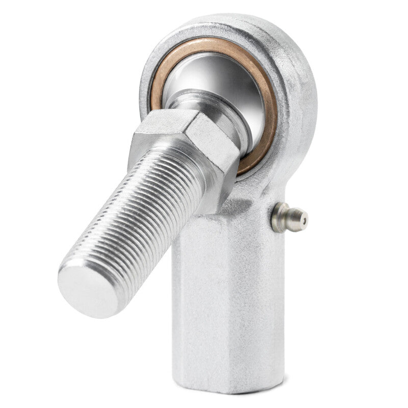 QA1 V Series 3-Pc Female Tie Rod End with 8mm bore, M8x1.25 thread, stud, zerk fitting, made of carbon steel.