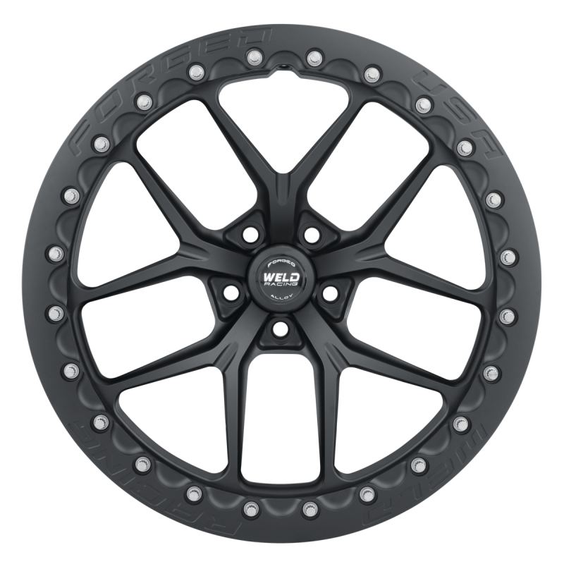 Weld RM105 forged matte black 18x11.5 wheel with 5x120 bolt pattern, 8-inch backspace, and 67.1mm hub bore for vehicles.