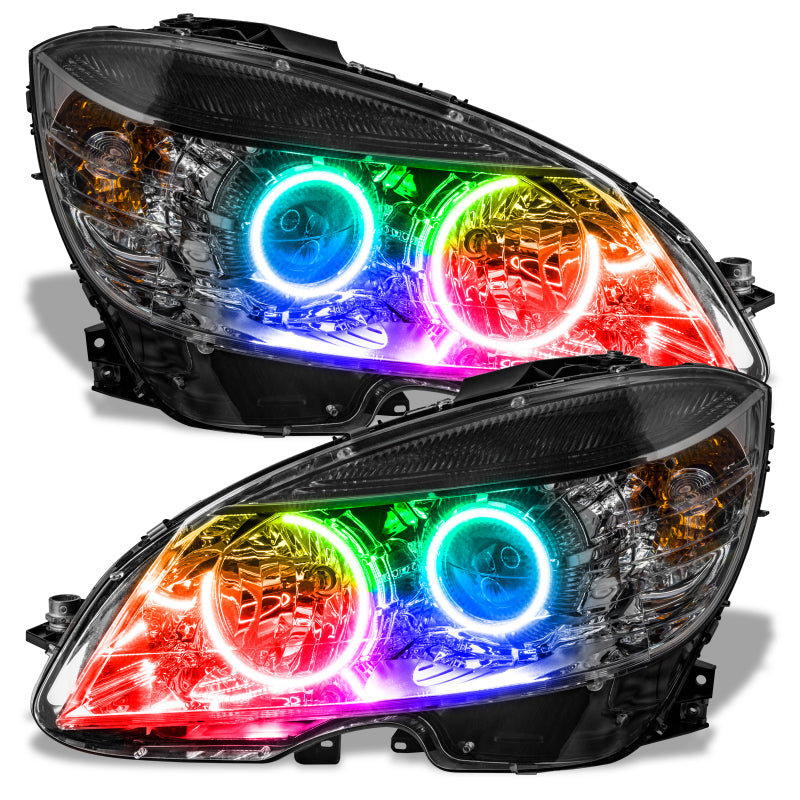 Oracle Lighting Mercedes Benz C-Class 08-11 Halo Kit with ColorSHIFT headlights and simple controller, featuring vibrant LED halo rings.