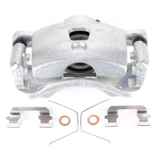 PowerStop front left OE brake caliper with bracket for Nissan Versa 2008-2011, showing detailed metallic caliper and mounting components.