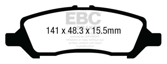 EBC 12+ Dodge Dart 1.4 Turbo Redstuff rear performance brake pads showing red friction surface and metal backing plate.