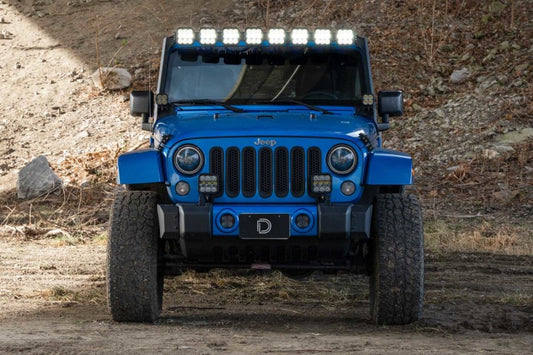 Diode Dynamics Jeep JK SS5 Pro CrossLink windshield lightbar kit with white combo light bars and cubes for off-road lighting.