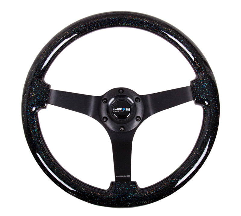 NRG reinforced 350mm black sparkle wood grain steering wheel with 3-spoke center for classic car interiors.