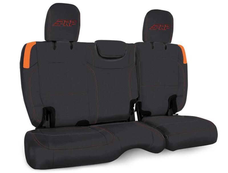 PRP Seats Jeep Wrangler JL rear bench seat covers, 4-door, no armrest, black and orange fabric, designed for durability and fit.