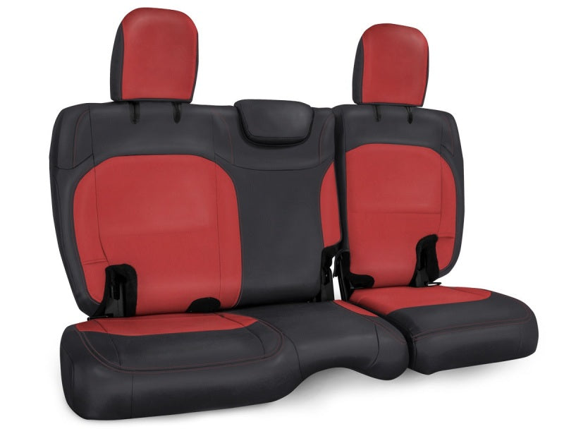 PRP Seats black and red cloth rear bench seat cover for Jeep Wrangler JLU 4-door interior, custom fit and durable material.