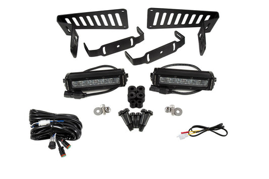 Diode Dynamics SS6 Cowl LED bracket kit for Jeep JL Wrangler and Gladiator, white driving light bars installed on vehicle cowl area