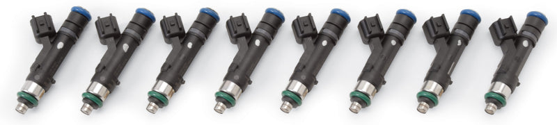Edelbrock 50 Lb/Hr fuel injectors set of 8 with 60mm long high impedance design for performance fuel delivery.