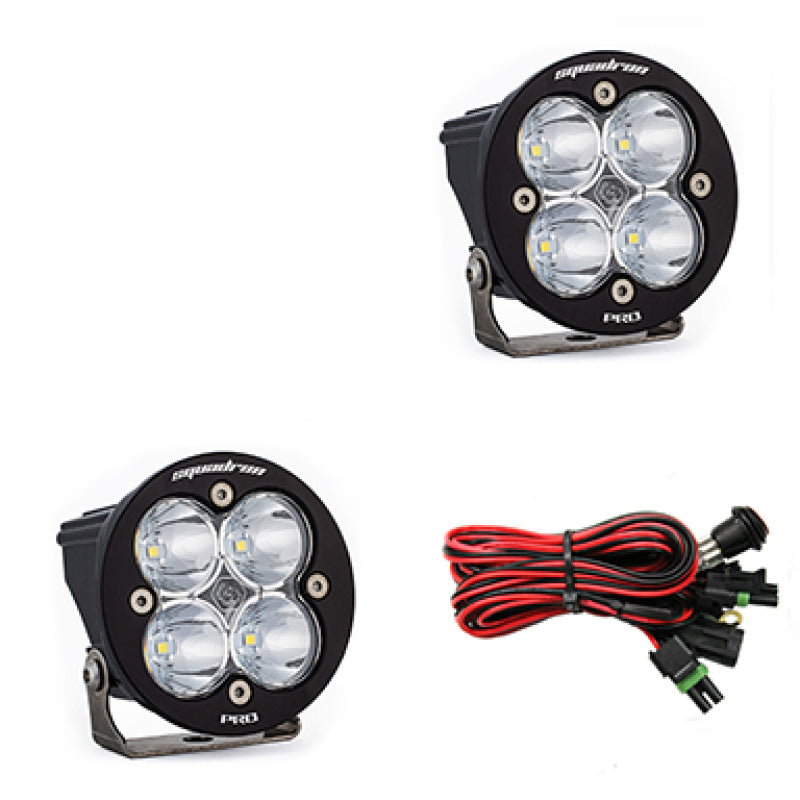Baja Designs Squadron R Pro Spot LED light pods in clear with two light bars, designed for off-road and outdoor vehicle lighting.