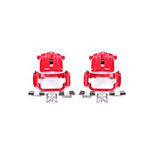 Pair of PowerStop rear red brake calipers with brackets for 2004-2005 Cadillac DeVille, performance brake calipers for enhanced stopping power.