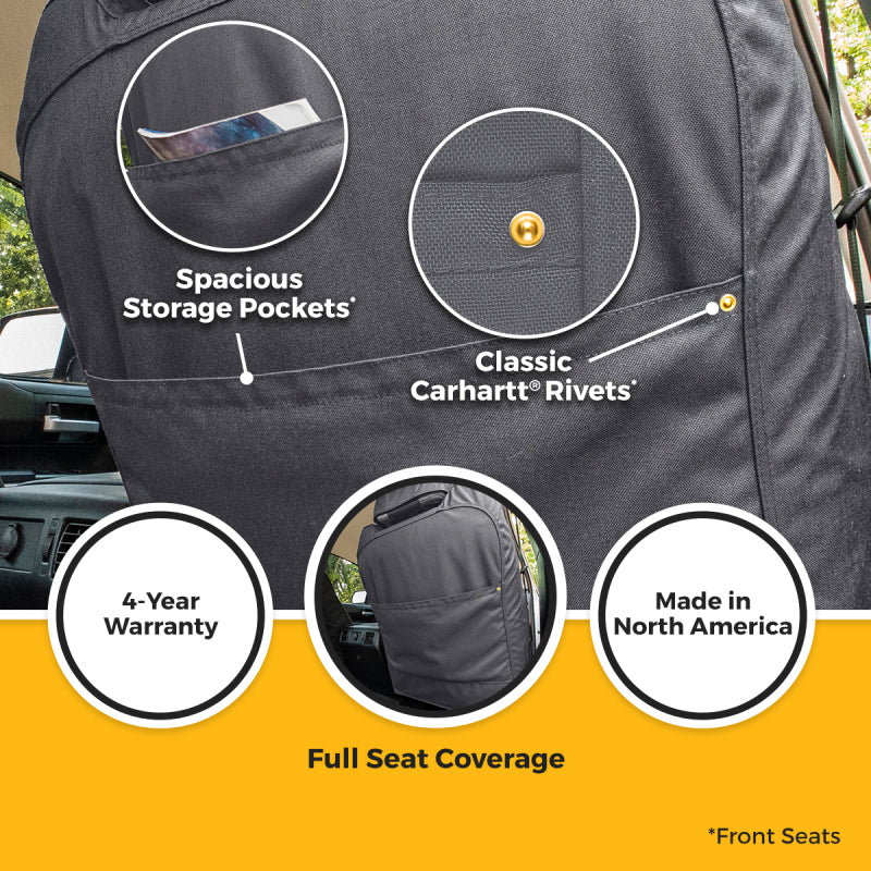 Covercraft Carhartt Super Dux second row seat cover for Toyota Tacoma 2016-2023 in gravel fabric, protects upholstery.