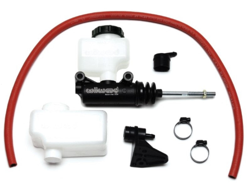 Wilwood short remote side mount brake master cylinder with 7/8 inch bore and 3/8 inch-24 banjo outlet, mounted for vehicle brake system