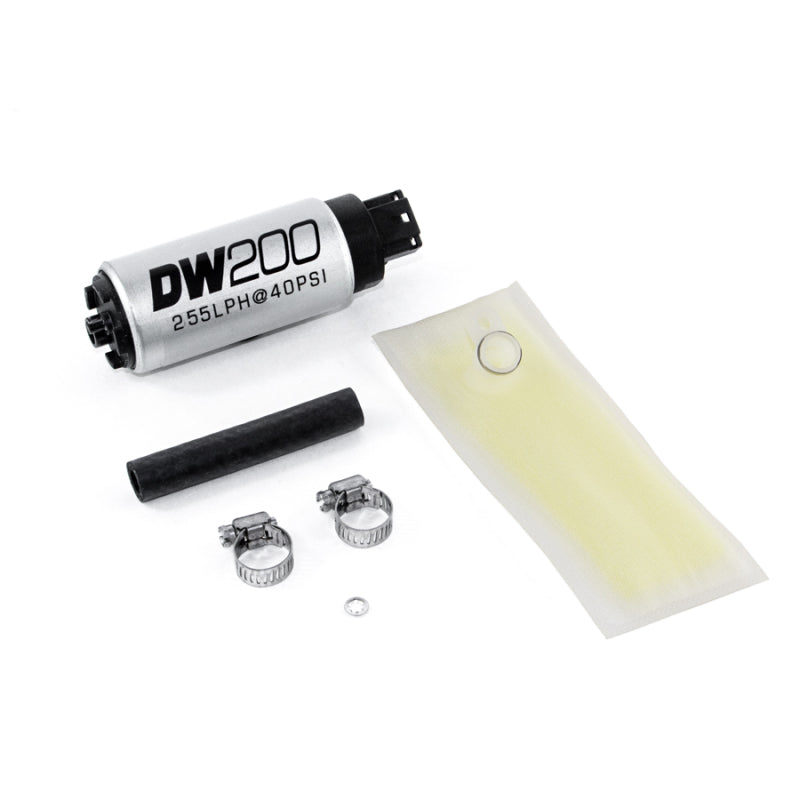 DeatschWerks 255 LPH in-tank fuel pump for Honda Integra, RSX, Civic, and S2000 models, shown with pump components.