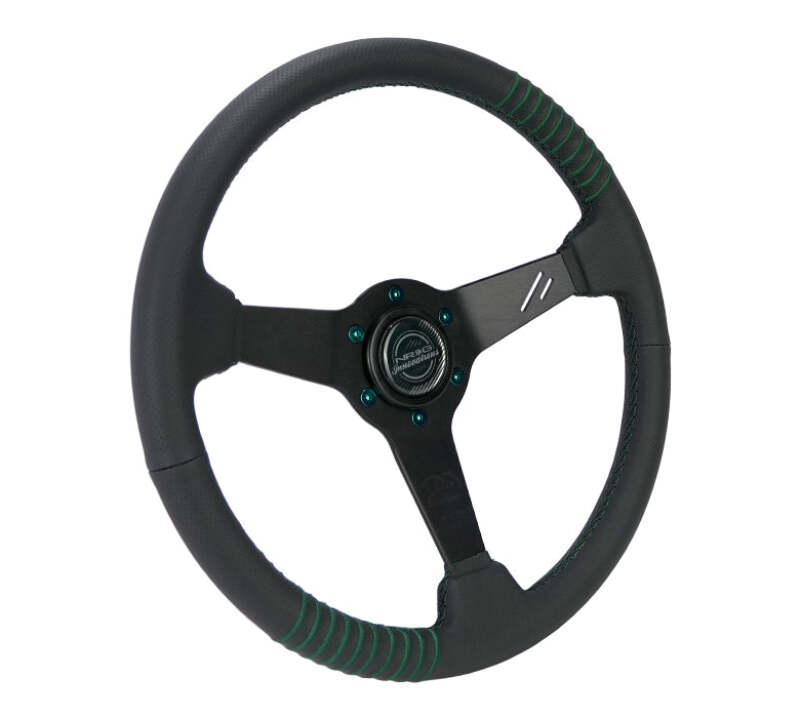 NRG black perforated leather steering wheel with emerald stitching, 1.5-inch dish, 350mm diameter, reinforced spoke.