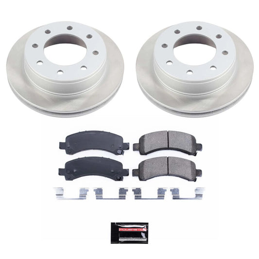 PowerStop rear semi-coated brake rotor kit for GMC Savana 3500, performance brake kit with black finish, back view.