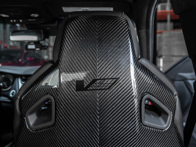 Cadillac ATS-V sedan Recaro carbon fiber seat rear panel cover replacement, driver and passenger side, for 2016-2019 models.