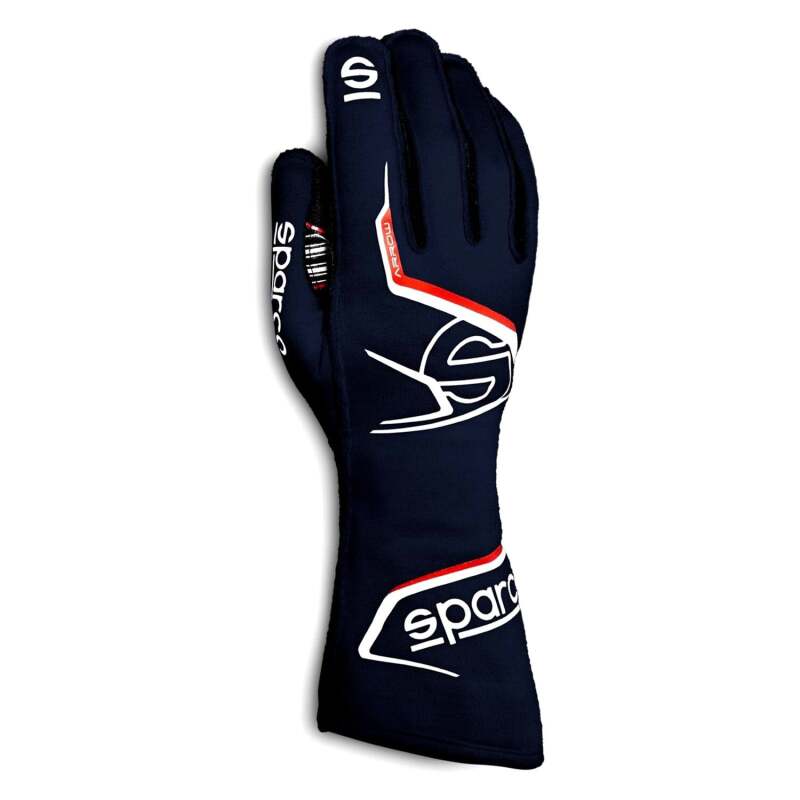 Sparco Arrow 12 racing gloves in navy and red with synthetic leather and breathable fabric for motorsport driving.