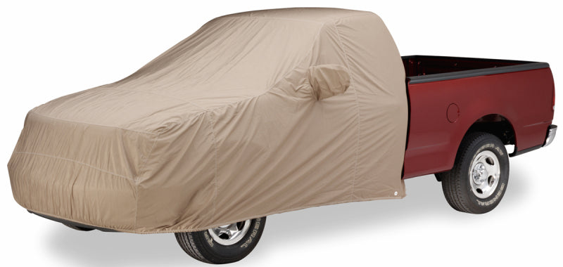 Covercraft custom tan flannel truck cover for Toyota Tacoma cab area, designed for 22-25 models to protect the vehicle.