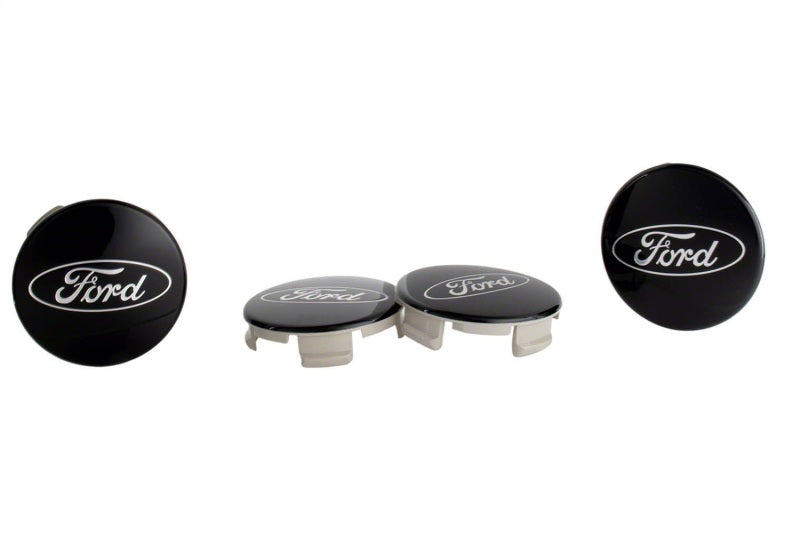 Ford Racing black and chrome wheel center cap kit for trucks and SUVs, featuring durable design and brand logo detail.