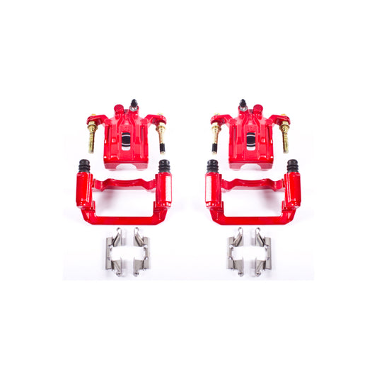Pair of PowerStop rear red brake calipers with brackets for Nissan Pathfinder 2005-2012, performance brake calipers for enhanced stopping power.