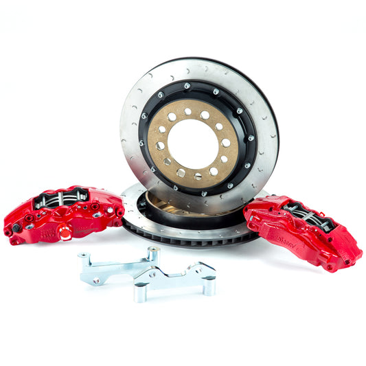 Alcon Jeep JK rear brake upgrade kit with 355x22mm rotors, 4-piston calipers, red finish, for 6x5.5 inch hubs, Big Brake Kits.