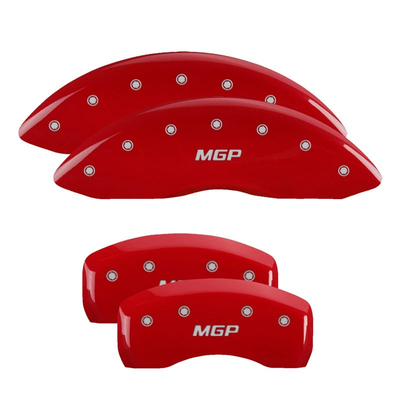 MGP red finish caliper covers with engraved silver characters for front and rear brakes on a 2019 Kia Sedona.