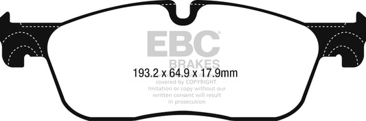 EBC Greenstuff front brake pads for Jaguar F-Pace 2.0L TD 2016+ performance brake pad set, showing the green brake pad material.