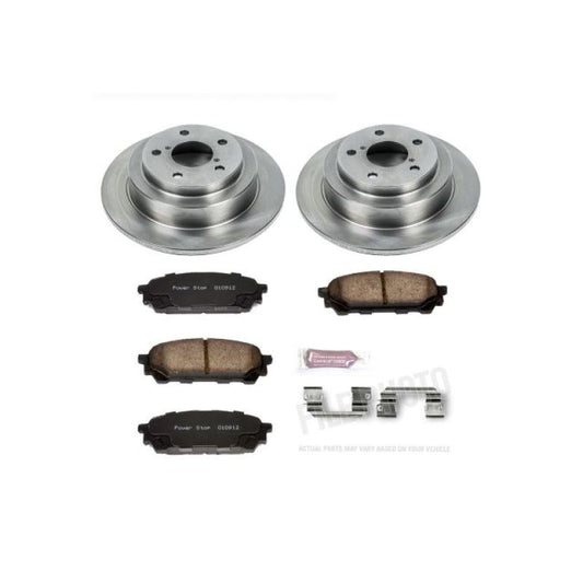 PowerStop rear Autospecialty brake kit for Saab 9-2X 2005-2006, includes brake rotors and pads for OE replacement.