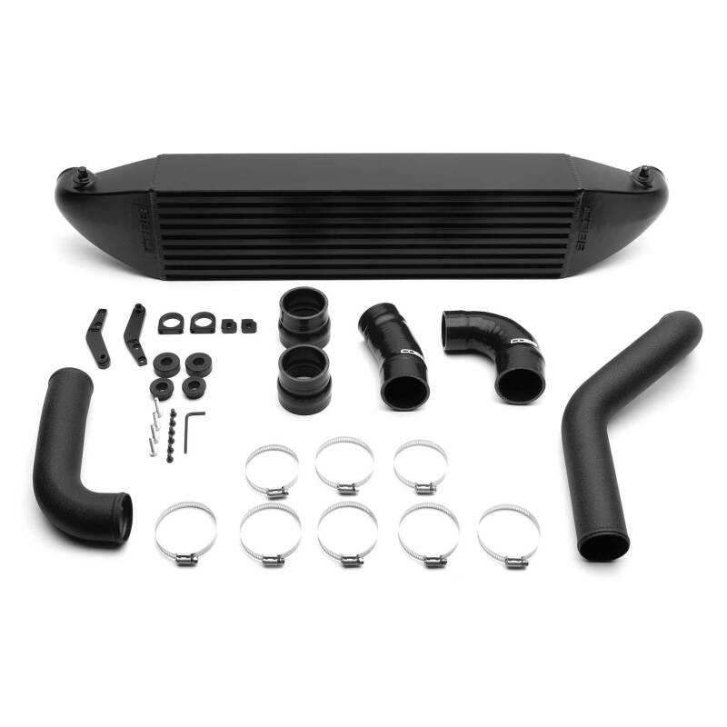 Black COBB intercooler kit installed in a Honda Civic Type R or Acura Integra Type S, showing the intercooler core and piping.