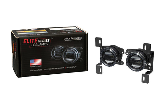 Pair of Diode Dynamics Elite Series Type MR white fog lamps, high-performance automotive fog lights with sleek design.