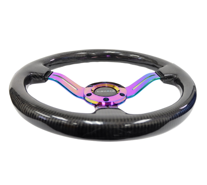 NRG carbon fiber steering wheel with 350mm diameter, neochrome finish, 3-spoke design, and slit cut accents.