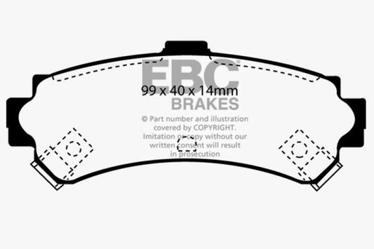 EBC Redstuff rear brake pads for Nissan Sentra 1.6, high-performance brake pads with red friction material for improved stopping power.