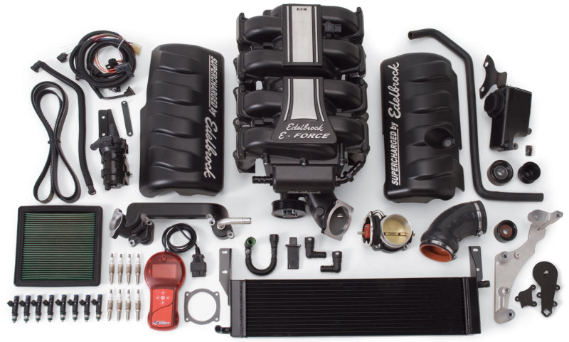 Edelbrock Supercharger Stage 1 Street Kit for 2005-2009 Ford Mustang 4.6L 3V with tuner, shown installed on engine.