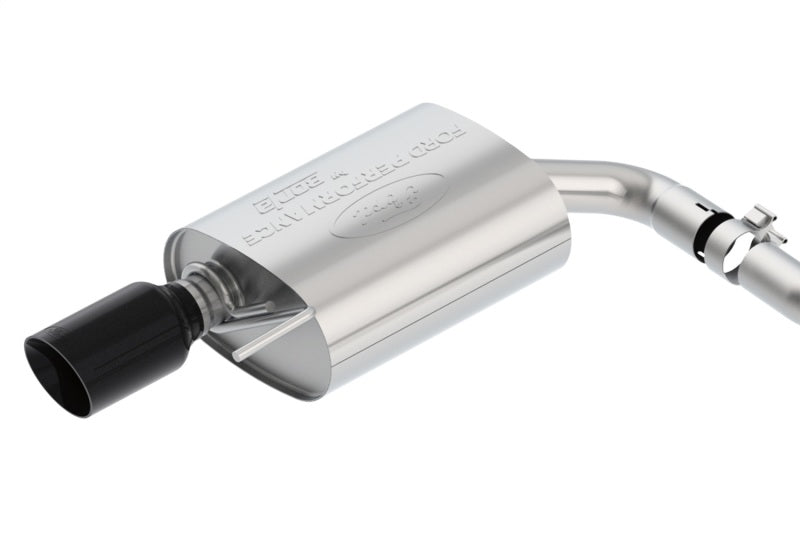 Ford Racing 2018 Mustang 2.3L EcoBoost cat-back sport exhaust system with black chrome tips, showcasing polished exhaust pipes and tips.