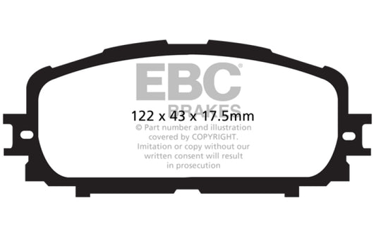 EBC 12+ Toyota Yaris 1.5 Ultimax2 front brake pads, OE type, showing the new brake pad design with metal backing and friction surface.