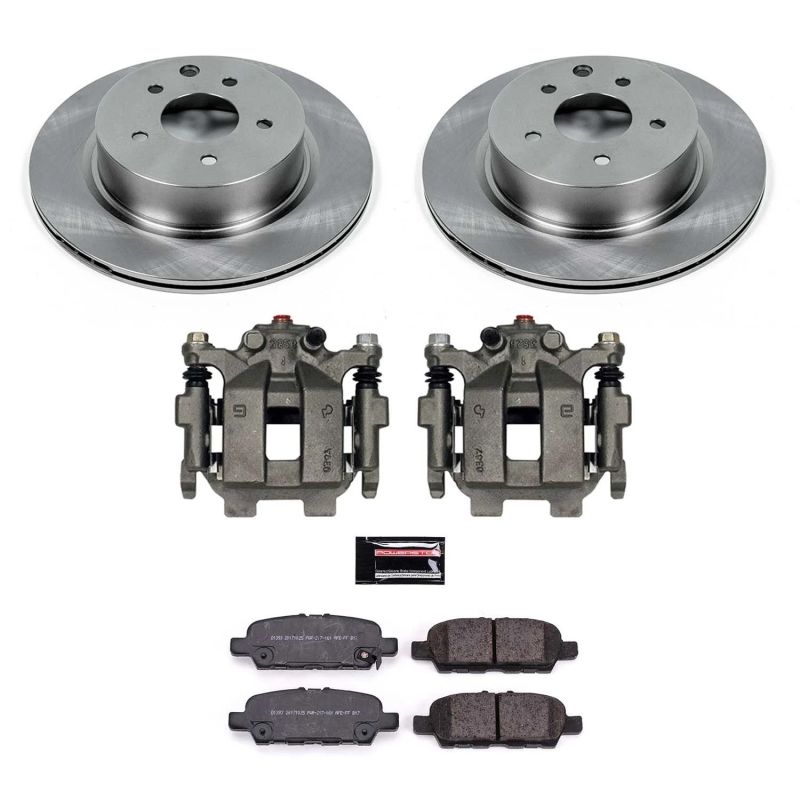 PowerStop OE rear brake kit with calipers for 2018 Nissan Maxima, featuring brake rotors and hardware.