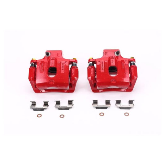 Pair of PowerStop rear red brake calipers with brackets for Buick Enclave 2008-2016, performance brake calipers for enhanced stopping power.