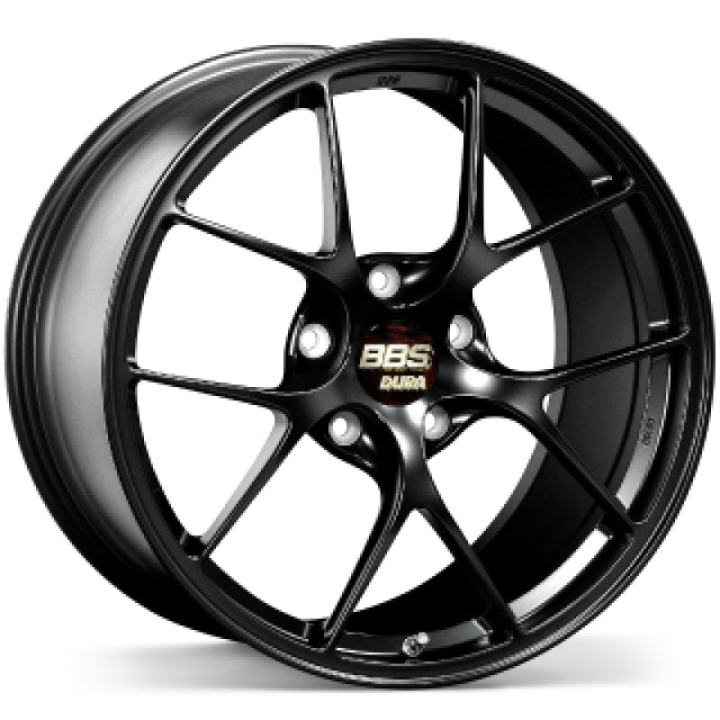 BBS RI-D 20x9.5 matte black forged wheel with 5x112 bolt pattern, ET10 offset, and 82mm PFS ring/clip installed.