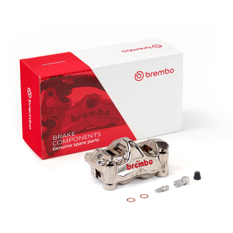 Brembo GP4-RX left brake caliper for Powersports vehicles, OE replacement, showcasing the black and silver design.