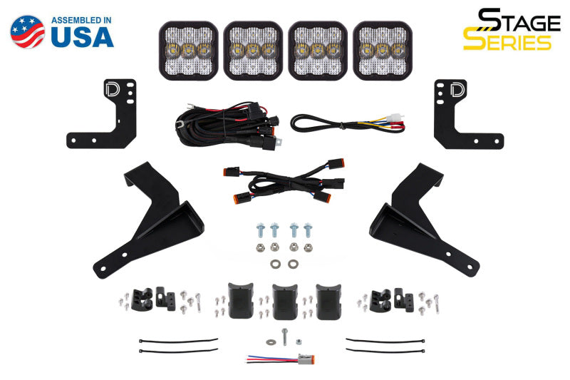 Diode Dynamics 2024 Toyota Tacoma SS5 grille crosslink lightbar kit with sport white combo, showcasing LED lightbar and wiring accessories.