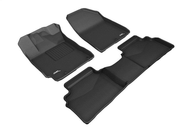 Black rubber floor mats for Kia Forte Kagu, 3D MAXpider full set, designed to protect and fit perfectly in the vehicle interior.