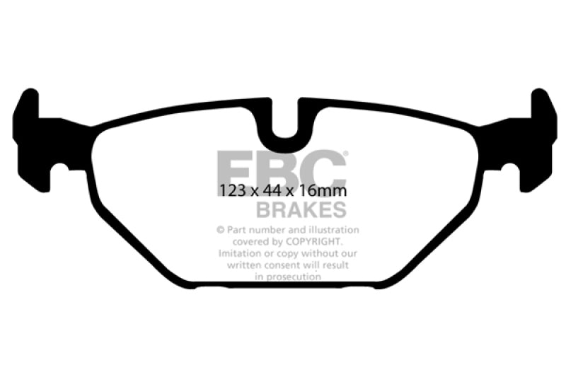 EBC Ultimax2 rear brake pads for Saab 9-5 2.3 Turbo Aero, OE quality brake pads with metal backing and friction material.