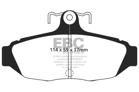 EBC Redstuff rear brake pads for Ford Mustang 5.0 models, performance brake pads with red friction material for enhanced stopping power.