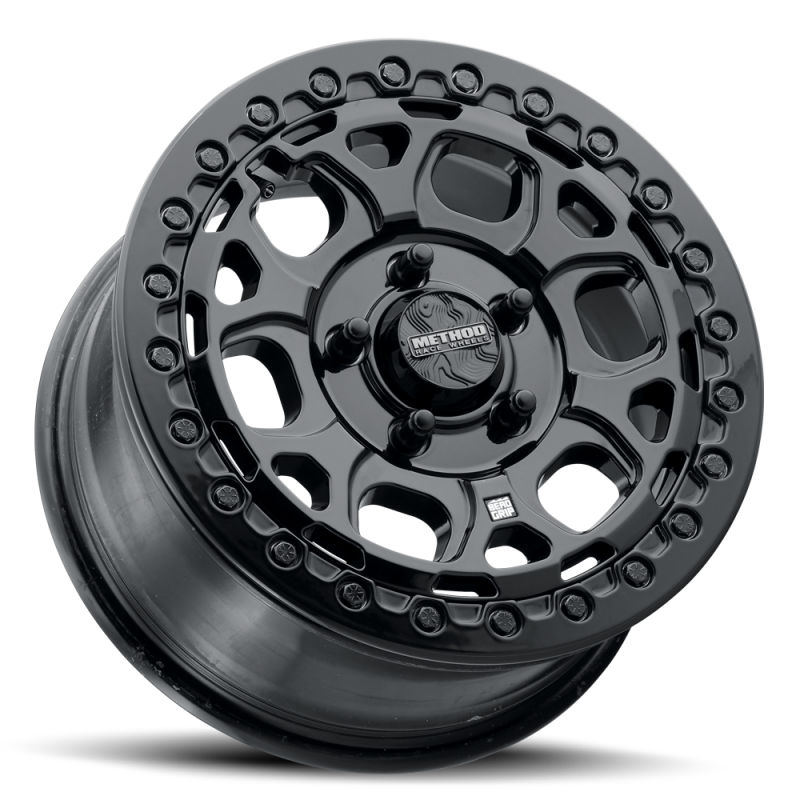 Method MR416 Beadlock cast wheel, 15x7 inches, gloss black finish, 6x5.5 bolt pattern, 74mm offset, 78.30mm bore, rugged design
