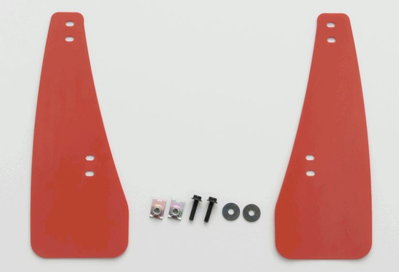 Cusco 2023+ Toyota GR Corolla AWD front red EVA mud flaps set of 2, showing durable protective flaps attached to vehicle wheels