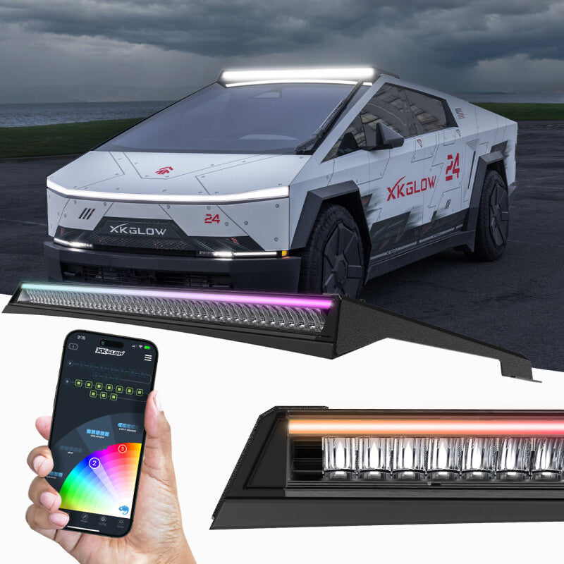 XKGLOW Tesla Cybertruck 50-inch roof LED off-road light bar with RGBW chasing DRL and app control, mounted on vehicle roof.