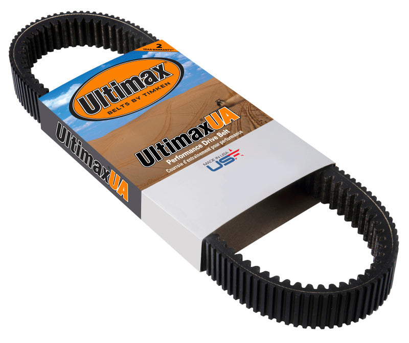 Ultimax UA504 ATV/UTV drive belt, timing accessory belt shown with textured rubber surface and reinforced edges for durability.