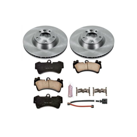 PowerStop OE brake kit for 2007-2015 Audi Q7 front brakes, including rotors and pads, installed on vehicle.