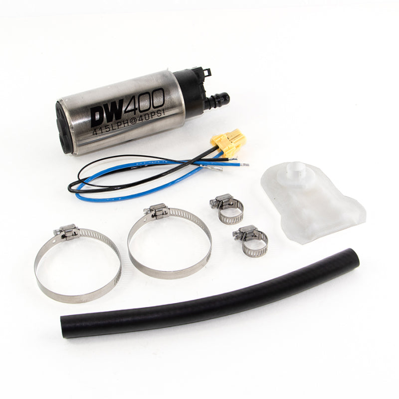 DeatschWerks 415LPH DW400 in-tank fuel pump with install kit for 93-98 Nissan Skyline R33, showing the pump and installation components.