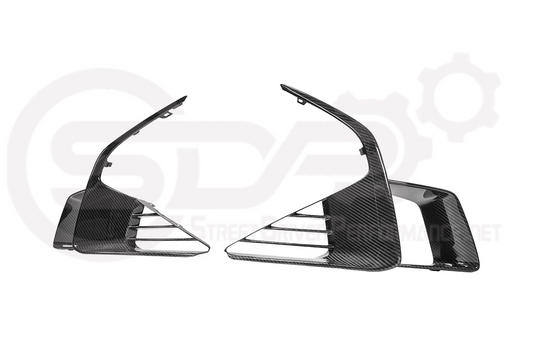 Pair of black carbon fiber front bumper side air duct inserts for Cadillac CT5-V Blackwing 2025 and up by Street Driven Performance.