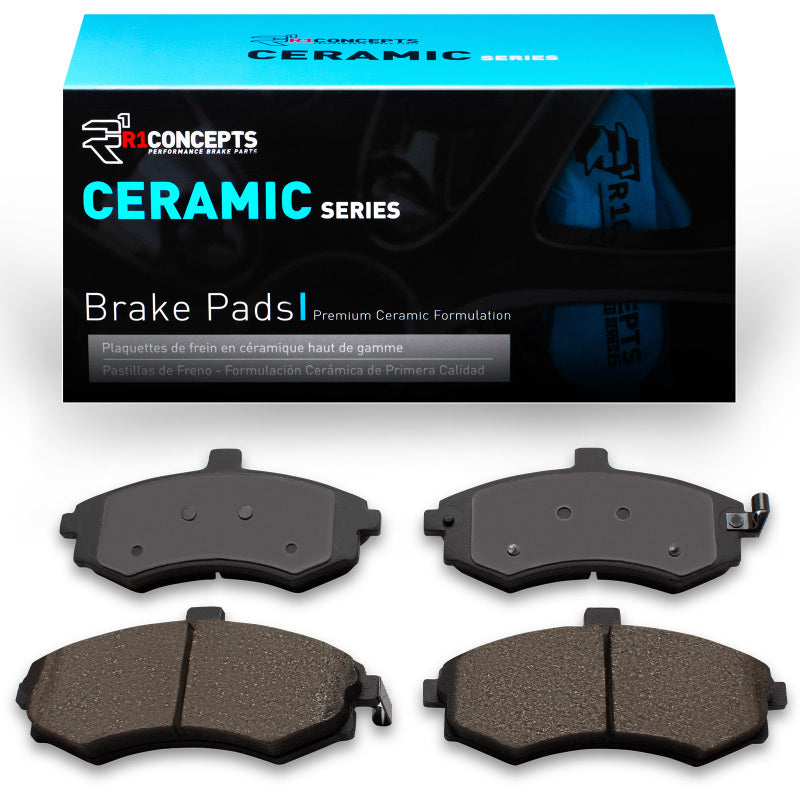 Hyundai Elantra front ceramic brake pads by R1 Concepts, OE quality brake pads installed on the vehicle's front wheels.
